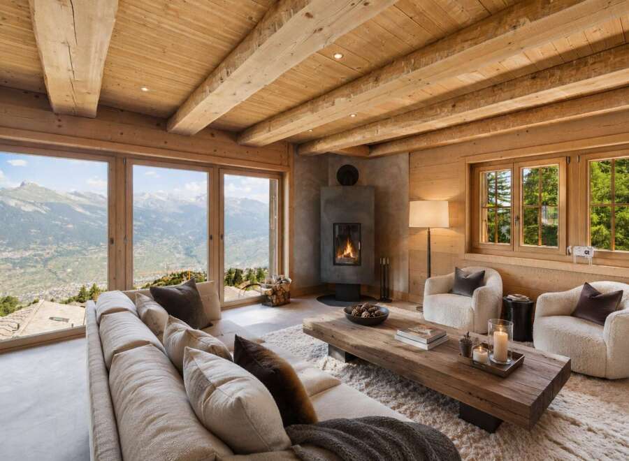 Experience breathtaking mountain views from this stunning alpine retreat, featuring a cozy living room with a modern fireplace and expansive windows.