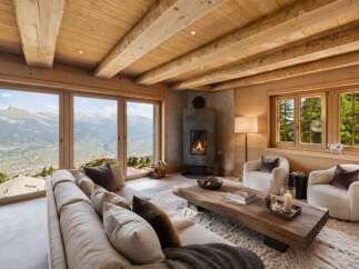 Experience breathtaking mountain views from this stunning alpine retreat, featuring a cozy living room with a modern fireplace and expansive windows.
