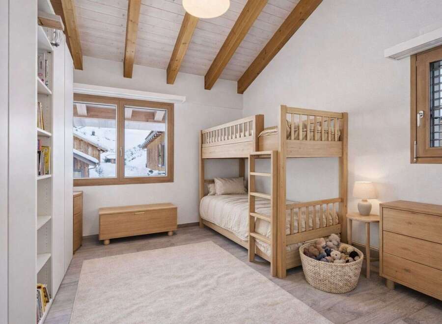 This charming bedroom features a cozy bunk bed, perfect for a family or guests.