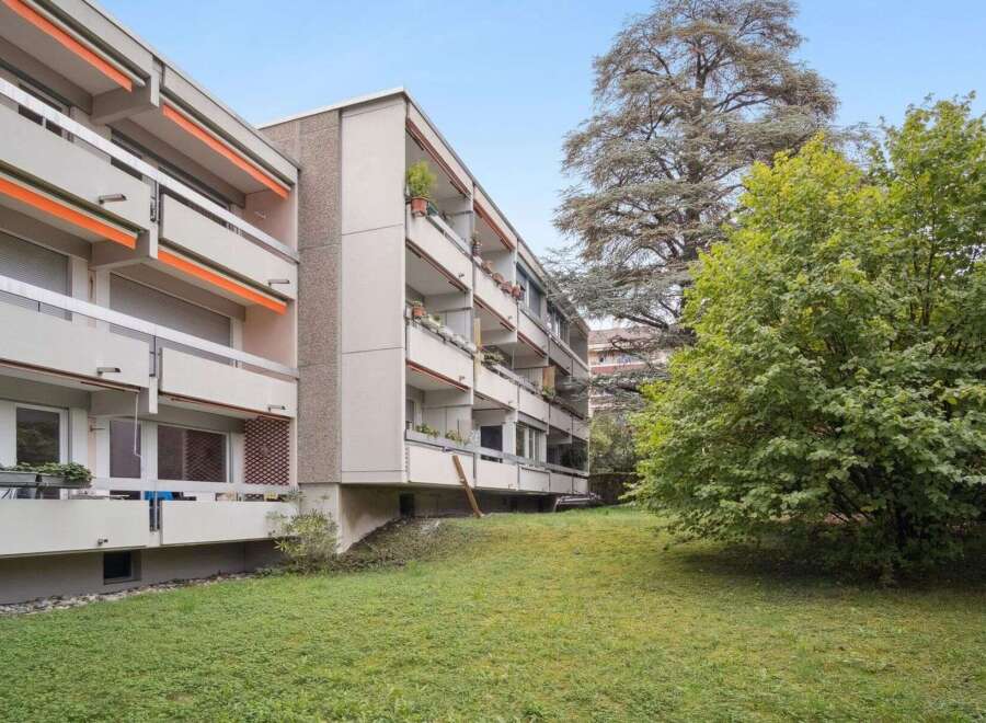 Discover this charming apartment building featuring spacious balconies and a lush green lawn.