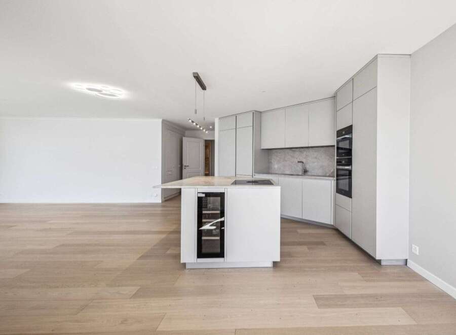 This modern kitchen boasts sleek, minimalist design with high-end appliances and ample storage.