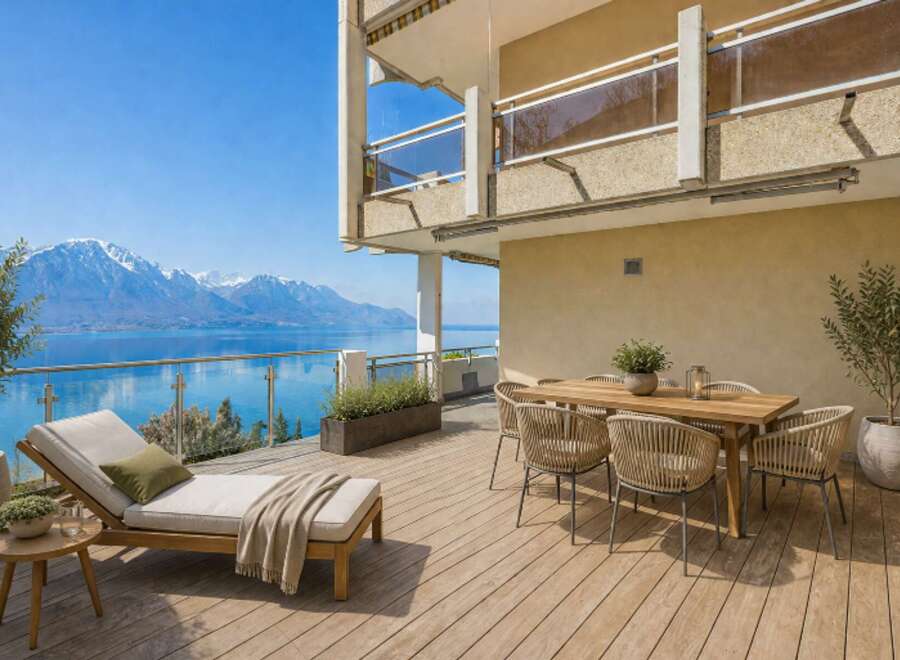 Enjoy breathtaking views from this stunning property! This outdoor space features a comfortable chaise lounge, a dining table, and lush greenery, perfect for relaxation and entertaining.