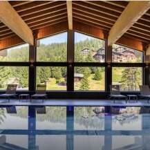 This luxurious indoor pool offers stunning views of the surrounding mountains and forests.