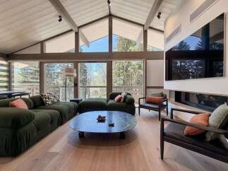 Experience luxury living in this stunning property featuring a spacious living area with a vaulted ceiling and expansive windows that offer breathtaking views of the surrounding nature.