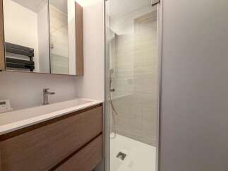 Discover a modern bathroom design featuring a sleek shower enclosure and a stylish vanity.