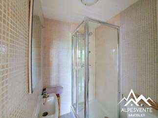 Discover this charming bathroom featuring a modern shower enclosure and a stylish sink.