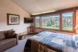 Experience the tranquility of this stunning bedroom, featuring a picturesque view of a lush green landscape.