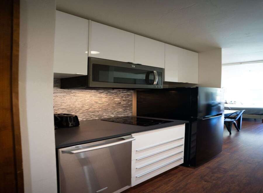 Discover modern living in this stylish studio apartment! The kitchen boasts sleek, white cabinetry, a stainless steel dishwasher, and a built-in microwave, perfect for effortless meal prep.