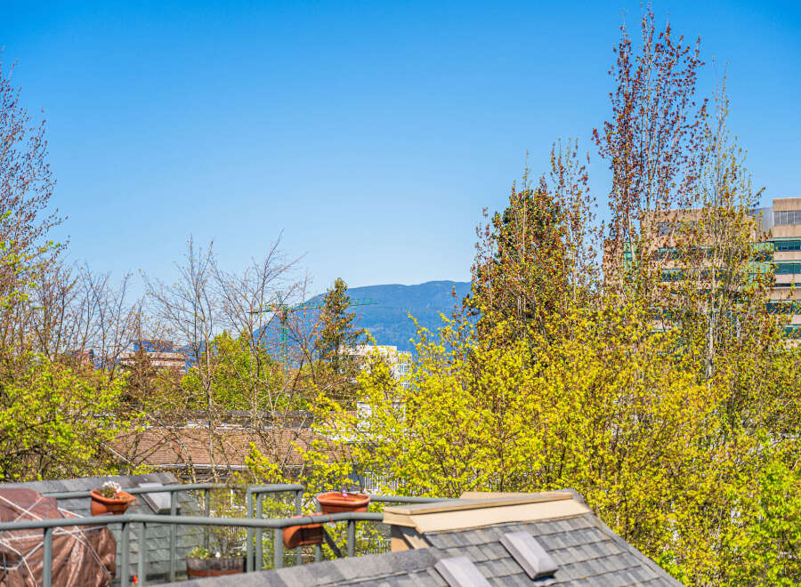 Enjoy stunning views from this property, featuring lush greenery and a clear blue sky.