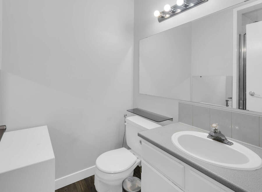 This modern bathroom features a sleek design with a clean aesthetic.