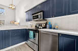 This stunning kitchen boasts modern navy cabinets, offering ample storage and a sleek aesthetic.