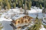 Nestled in a serene winter wonderland, this stunning wooden chalet offers a luxurious escape.