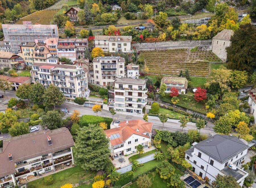 This aerial view showcases a charming European village nestled on a hillside, with a mix of modern and traditional architecture.