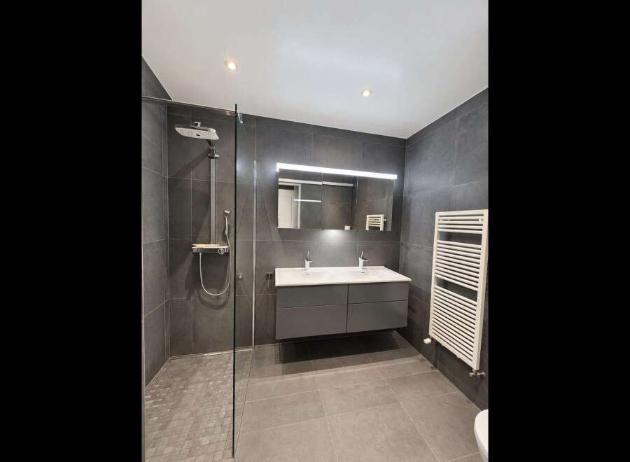 Experience modern luxury in this stunning bathroom featuring a spacious walk-in shower with a rainfall showerhead and sleek glass enclosure.
