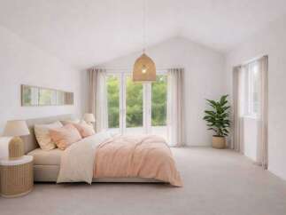 This bright and airy bedroom offers a serene retreat with its neutral color palette and natural light.