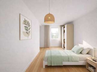 This inviting bedroom features a minimalist design with a touch of nature-inspired decor.