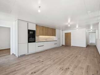 Discover this modern kitchen featuring sleek, light gray cabinetry complemented by warm wood accents and integrated stainless steel appliances.