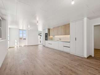 Discover this bright and airy open-concept living space, featuring a modern kitchen with sleek white cabinetry and warm wood accents.