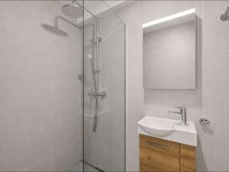 Experience modern comfort in this beautifully designed bathroom, featuring a sleek glass-enclosed shower with a rainfall showerhead.