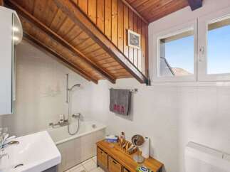 This charming bathroom features a unique sloped wooden ceiling, adding character and warmth to the space.