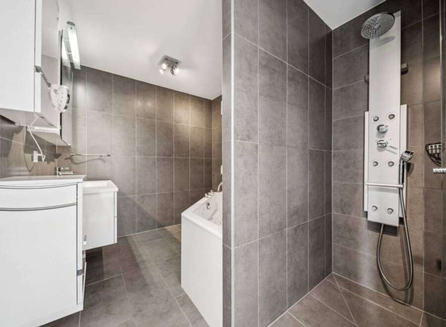 Step into a modern bathroom oasis! This stunning space features sleek gray tile, a luxurious shower panel, and ample storage.