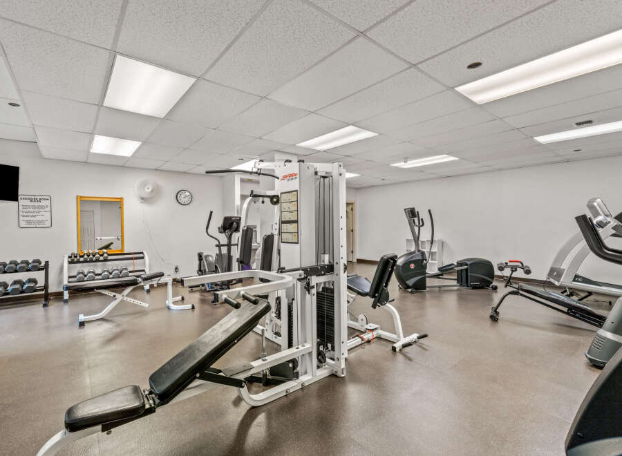 This well-equipped fitness center offers a variety of exercise machines, including weight machines, treadmills, and elliptical trainers.