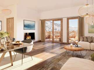 Experience luxury living in this stunning property, featuring a cozy fireplace and expansive windows that frame breathtaking mountain views.