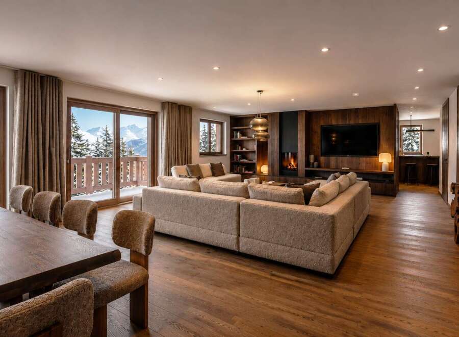 Experience luxury mountain living in this stunning chalet, featuring a spacious open-plan living area with a cozy fireplace and breathtaking panoramic views of snow-capped peaks.