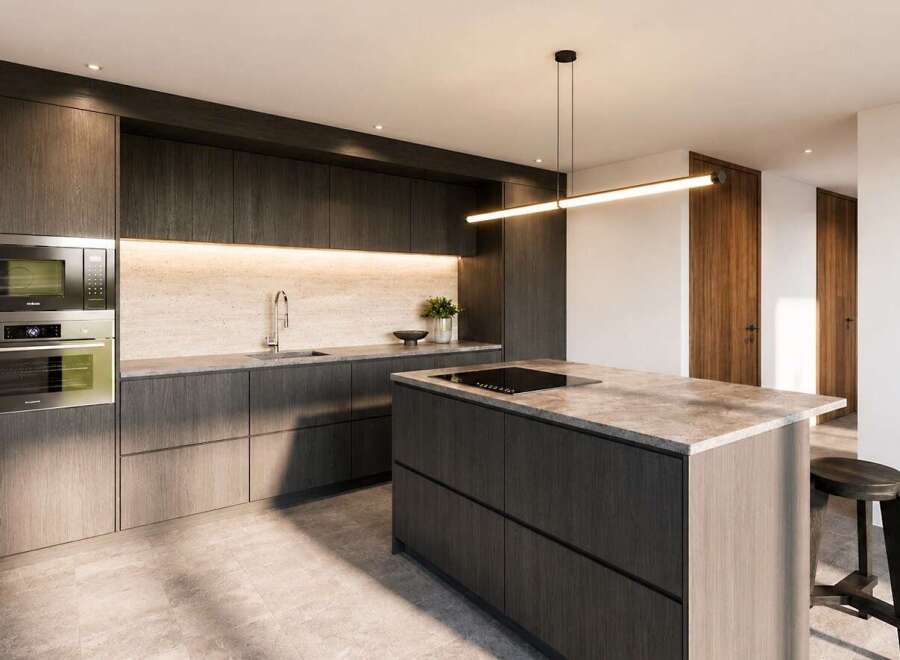 Experience modern luxury in this stunning kitchen, featuring sleek dark wood cabinetry and a spacious island with a built-in cooktop.