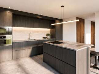 Experience modern luxury in this stunning kitchen, featuring sleek dark wood cabinetry and a spacious island with a built-in cooktop.