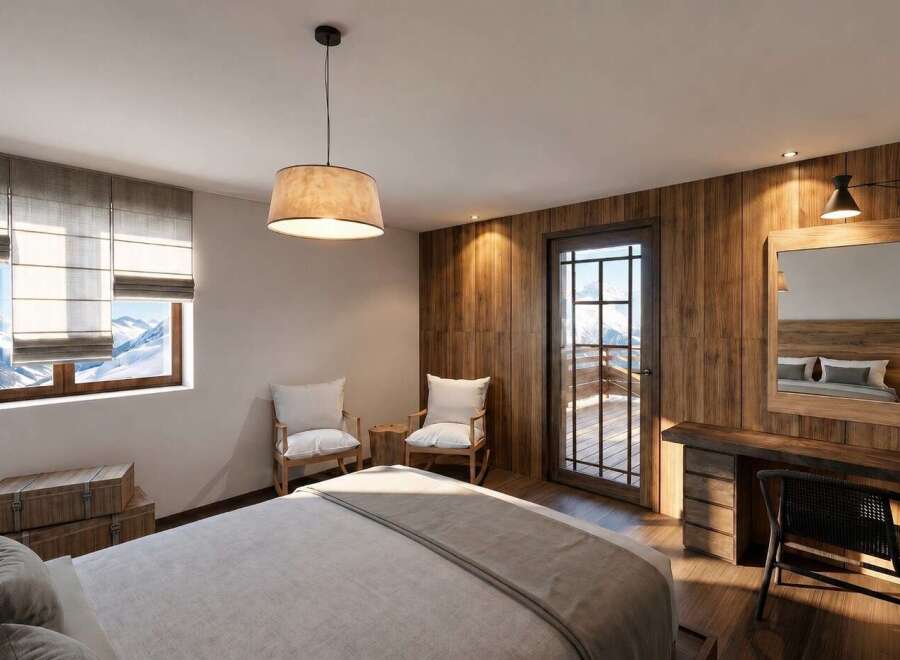 Experience mountain living in this cozy bedroom featuring a comfortable bed, rustic wooden walls, and a stunning view of snow-capped peaks through the large window.