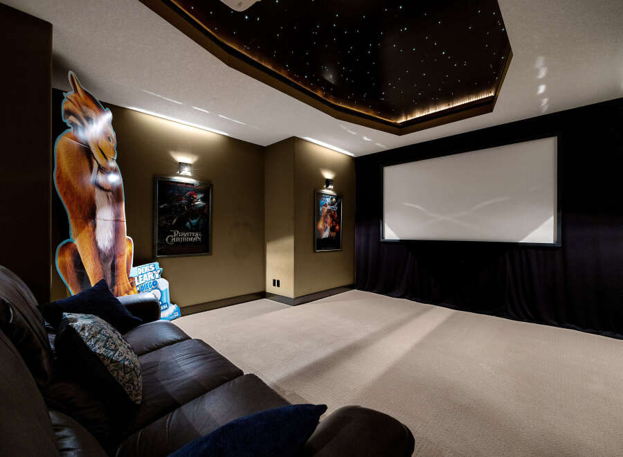 Step into luxury with this stunning home theater! Featuring a star-lit ceiling, a large screen, and comfortable seating, it's perfect for movie nights.