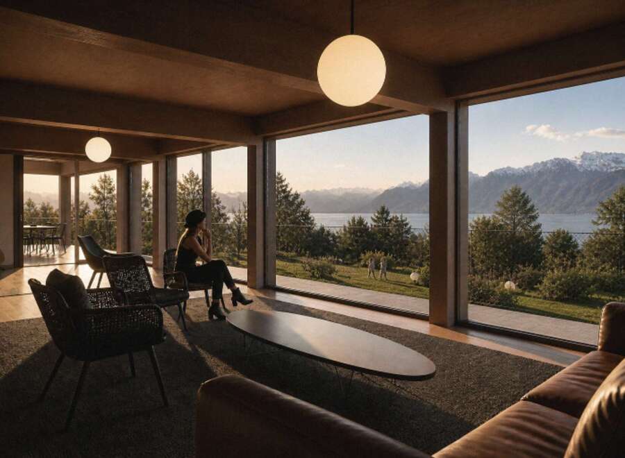 Experience the epitome of luxury living in this stunning property, boasting panoramic views of the serene lake and majestic mountains.