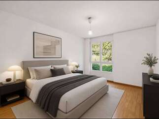 Step into this inviting bedroom, featuring a comfortable bed with a stylish gray throw and a neutral color palette.