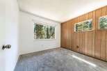 This inviting room features a cozy carpet and a large window that offers stunning views of the surrounding trees.