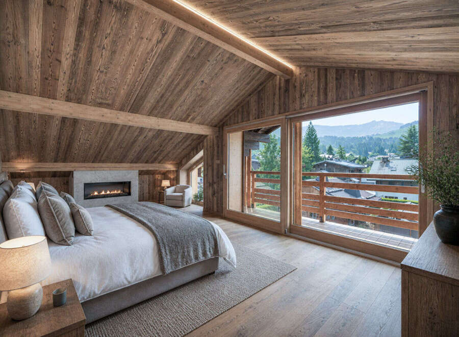 Experience luxury living in this stunning bedroom featuring a cozy fireplace and expansive windows.
