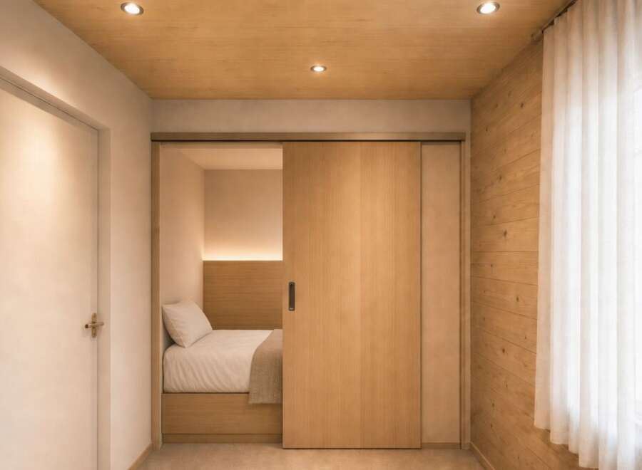 Discover this serene bedroom featuring a cozy bed with a plush duvet and a neutral throw, nestled within a cleverly designed alcove.