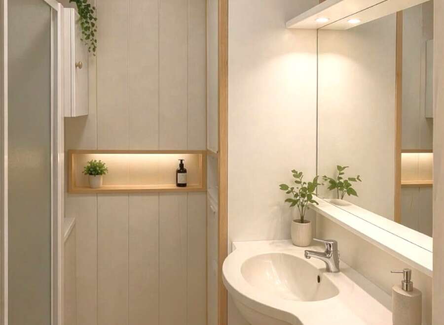 Discover a modern and minimalist bathroom featuring a sleek sink and vanity area with a large mirror.