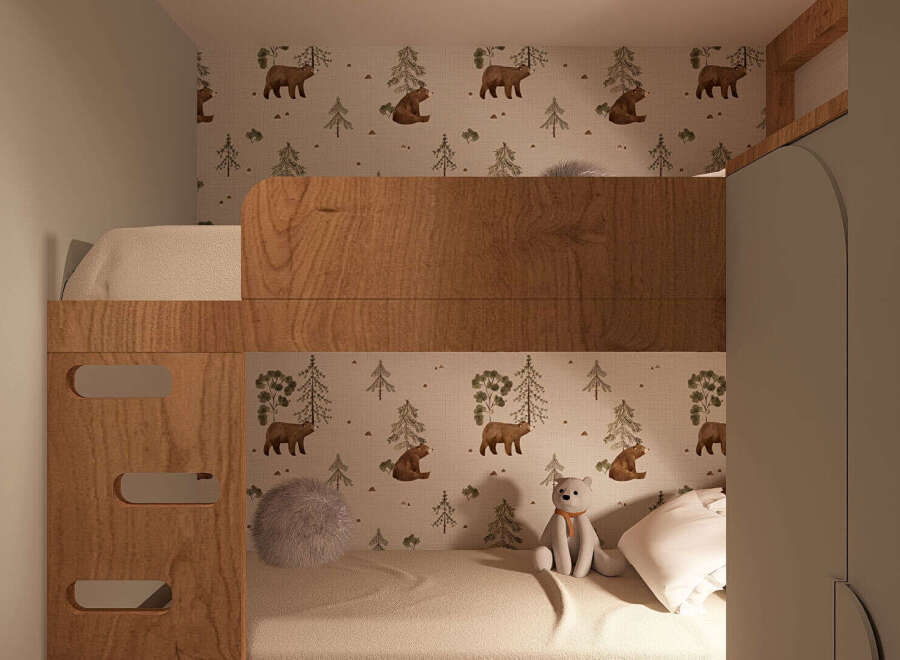 Discover this charming children's room featuring a cozy bunk bed with playful bear and tree-themed wallpaper.