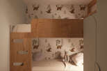 Discover this charming children's room featuring a cozy bunk bed with playful bear and tree-themed wallpaper.