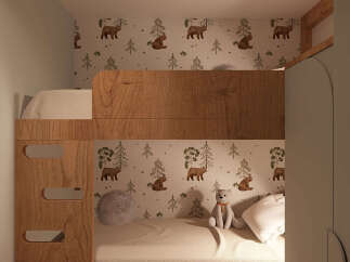 Discover this charming children's room featuring a cozy bunk bed with playful bear and tree-themed wallpaper.