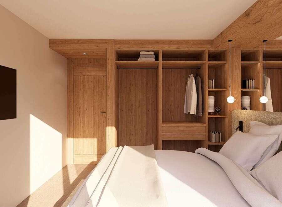 Experience modern comfort in this beautifully designed bedroom, featuring a spacious built-in wardrobe with ample storage and hanging space.