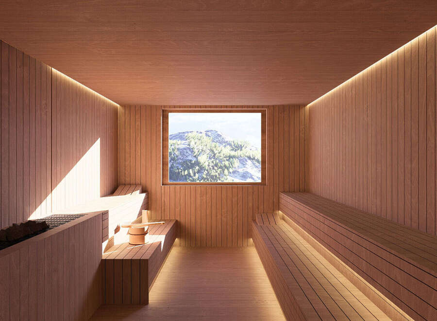 Experience ultimate relaxation in this luxurious sauna, featuring natural wood paneling and ambient lighting.