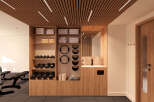 This modern gym features a sleek wooden ceiling with integrated lighting, creating a warm and inviting atmosphere.