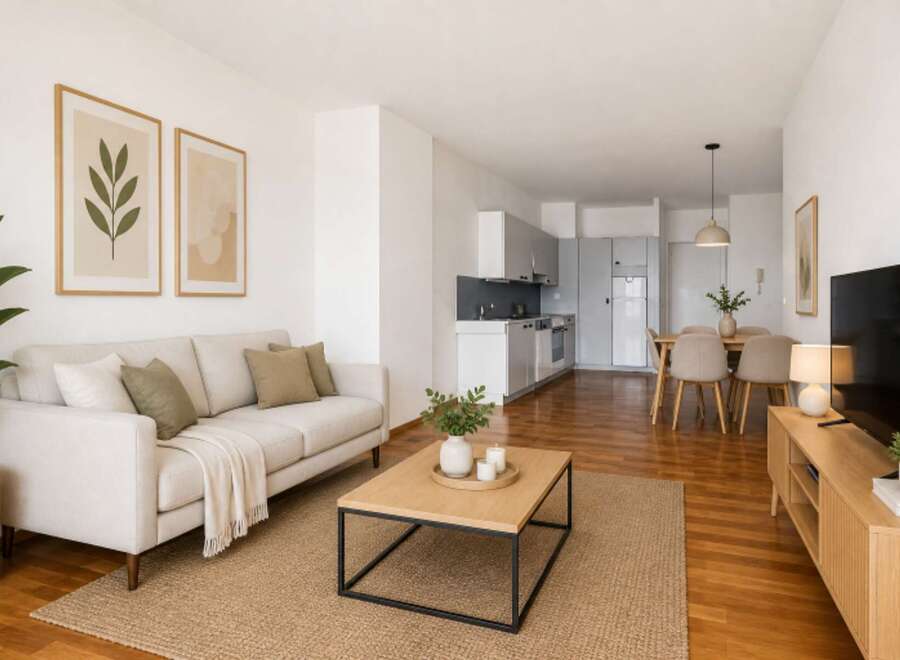 Discover modern living in this stylish apartment! Featuring a bright and airy living room with a comfortable sofa, a sleek kitchen, and a dining area perfect for entertaining.