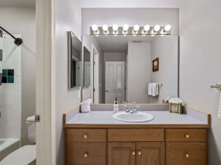 This inviting bathroom features a well-lit vanity area with a large mirror and ample storage.