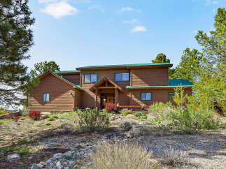 Nestled amidst lush greenery, this stunning property boasts a charming wooden exterior and a welcoming entrance.