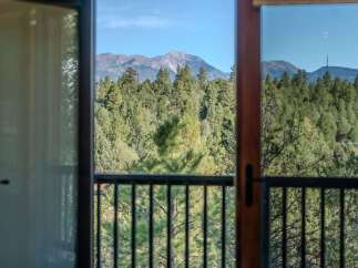 Experience breathtaking mountain views from this stunning property, framed by a lush forest of evergreen trees.