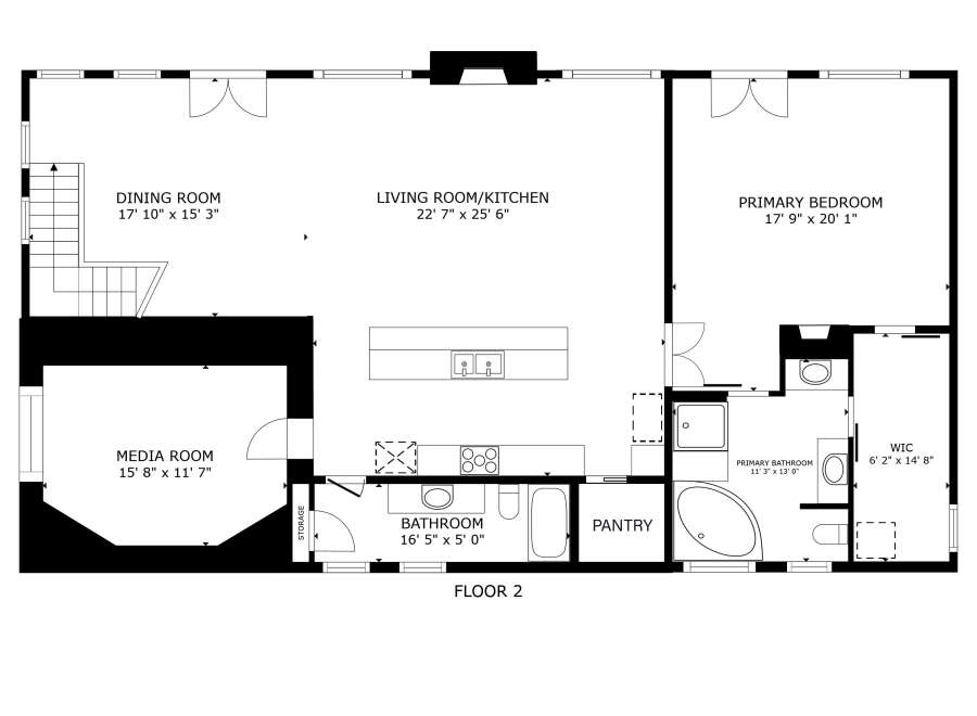 Explore this spacious second-floor layout featuring a large living room and kitchen area perfect for entertaining.
