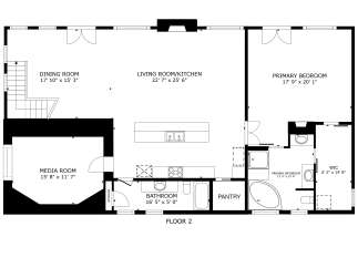 Explore this spacious second-floor layout featuring a large living room and kitchen area perfect for entertaining.
